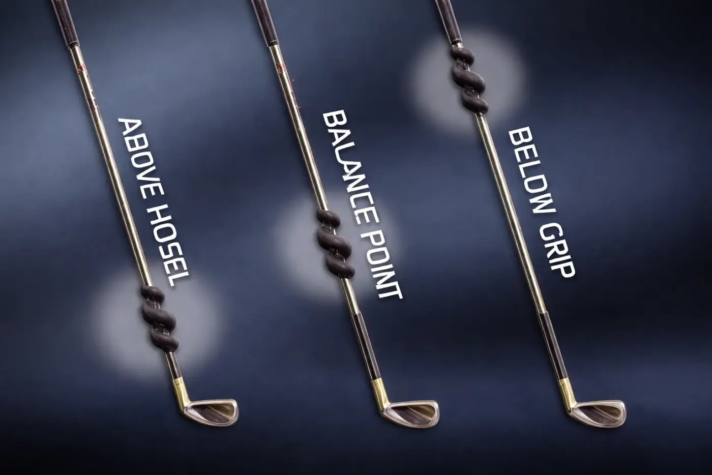 TORC Swingtrainer at three key shaft positions: above hosel, balance point, and below grip
